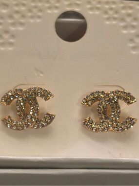 Gold Crystal CC Logo Studded post Earrings